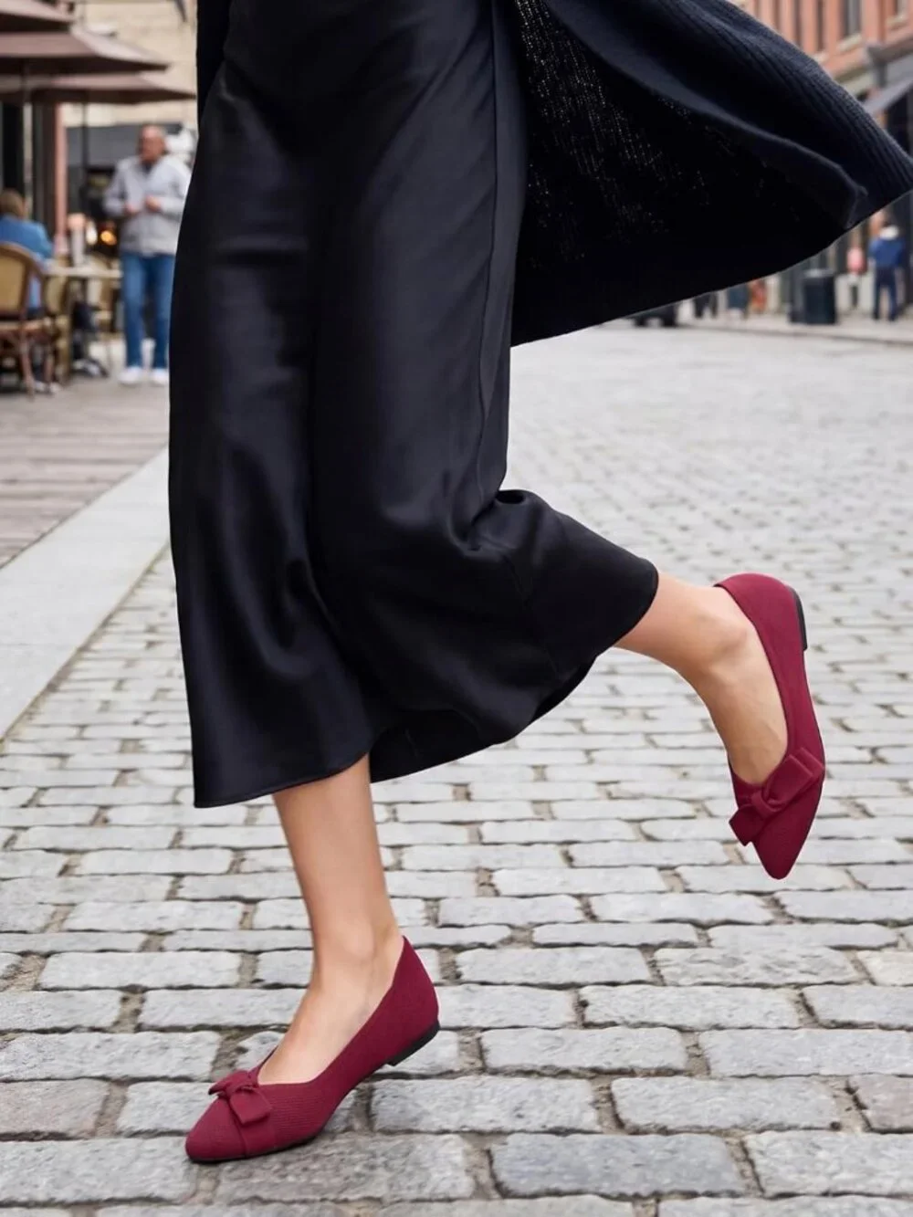 Women's Red Pointed Toe Comfortable Dressy Knit Bow Casual Ballet Flat Shoes